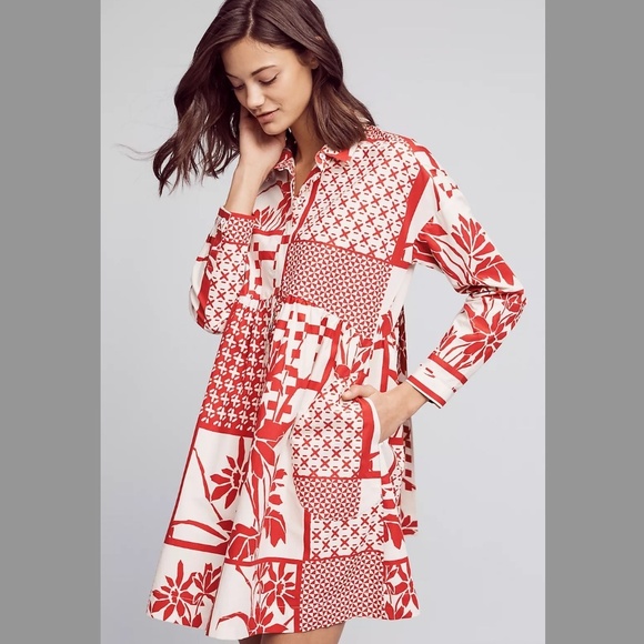 Maeve Dresses & Skirts - Maeve Anthropologie Red Patchwork Empire 100% cotton Waist Shirt Dress S small